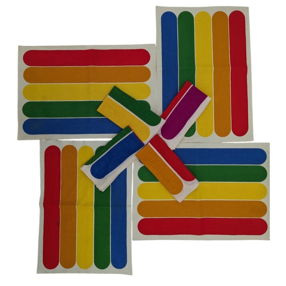 Vintage 1980's 8-Piece Set RAINBOW PRIDE PLACEMATS & NAPKINS Linen/Cotton Blend